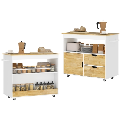 HOMCOM Keukentrolley, Rolbaar Keukeneiland, Keuken-Trolley met Vakken, Kast en Werkblad, Wit