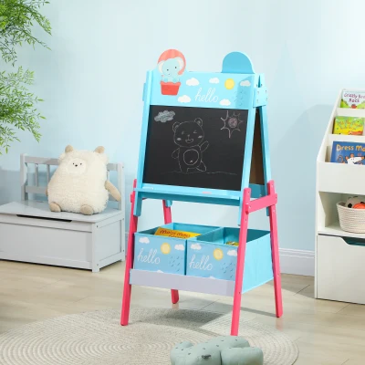 AIYAPLAY Cavalete para Crianças 2 em 1 Arsósia Infantil com Dupla Face 2 Caixas de Arrumação com Estampa em Animais 49x53,5x113 cm Azul