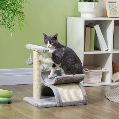PawHut Árvore Arranhador para Gatos Pequena com Poste Giratório Bolas Suspensas Plataforma Curva e Esconderijo 40x30x43 cm Cinza