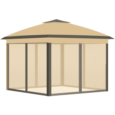 Outsunny Opvouwpaviljoen, Tuinpaviljoen, Metalen en Stoffen Overkapping, Netgordijnen, Afvoergaten, 330L x 330B x 288H cm, Beige