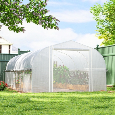 Outsunny Estufa tipo Túnel 6x3x2 m com 8 Janelas Cobertura de PE Anti UV e Porta Enrolável e Paredes Laterais Branco