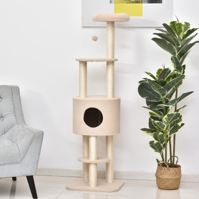 PawHut Arranhador para Gatos Altura 148 cm Arranhador para Gatos com Postes de Sisal 3 Plataformas Casa e Bola Suspensa Bege