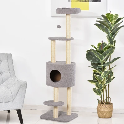 PawHut Arranhador para Gatos Altura 148 cm Arranhador para Gatos com Postes de Sisal 3 Plataformas Casa e Bola Suspensa Cinza