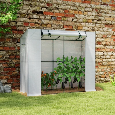 Outsunny Mini-kas, aanleunkas met roldeur en netramen, UV-bestendig, voor bloemen, zaailingen, planten, Wit