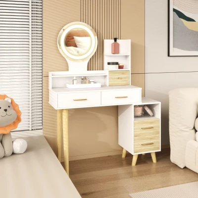 HOMCOM Toucador com Espelho e Luzes LED Ajustáveis 5 Gavetas 4 Compartimentos e 1 Prateleira 100x44x137 cm Branco e Madeira