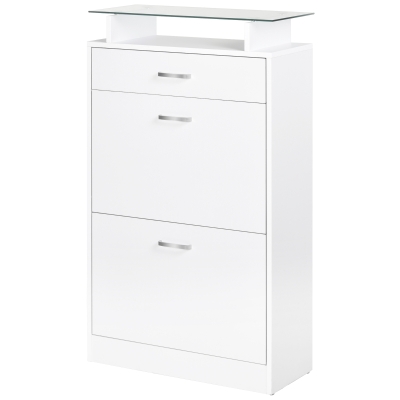 HOMCOM Móvel Sapateira de 2 Portas Sapateira Estreito para 12 Pares de Sapatos com Gaveta Prateleira Aberta e Bancada de Vidro para Corredor Entrada Carga Máx. 50kg 60x24x105,5cm Branco