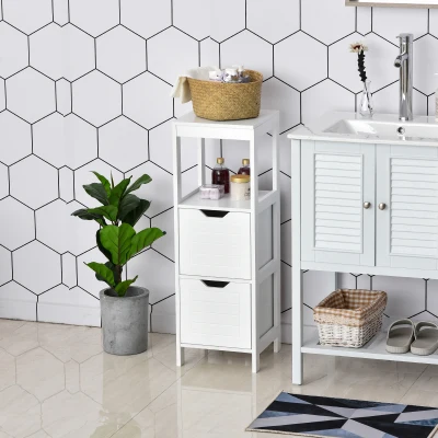 Kleankin Multi-functional Bathroom Cabinet Open Shelf 2 Drawers Storage Rack Organizer Space-saving Simple Style White