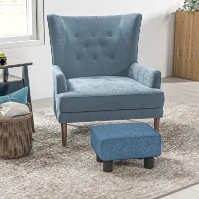 HOMCOM Pouf Poggiapiedi Imbottito e Rettangolare in Tessuto Blu