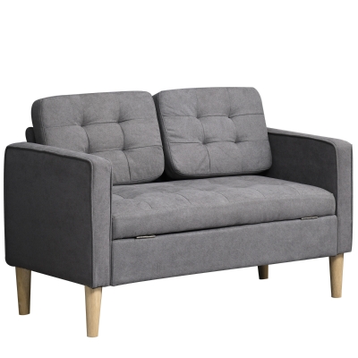 HOMCOM Modern 2-Seater  Loveseat Button-Tufted Fabric Couch with Storage Chest, Rubberwood Legs, Grey