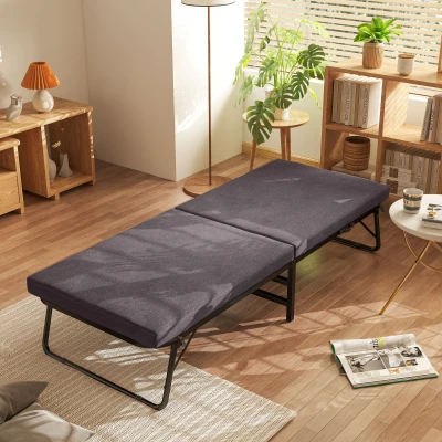 HOMCOM Cama Dobrável 70x180 cm com Colchão de Espuma Cama Dobrável com Encosto Ajustável em 5 Posições e Rodas Marrom