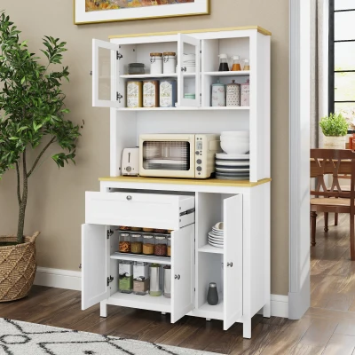 HOMCOM Armário de Arrumação Alto com 5 Portas Prateleiras Ajustáveis para Micro-Ondas 100x40x180 cm Branco e Madeira