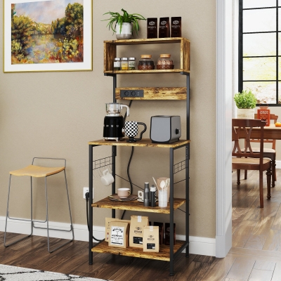 HOMCOM Estante de Cozinha Móvel Auxiliar de Cozinha com Ficha 2 Carregadores USB Ganchos e Prateleira Ajustável 60x42x153 cm Marrom Rústico