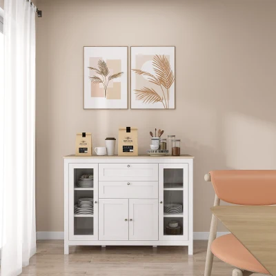 HOMCOM Aparador de Cozinha com Armário 2 Gavetas 2 Portas de Vidro e Prateleiras Ajustáveis Móvel Auxiliar de Armazenamento para Sala de Jantar Sala de Estar 120x40x90cm Branco