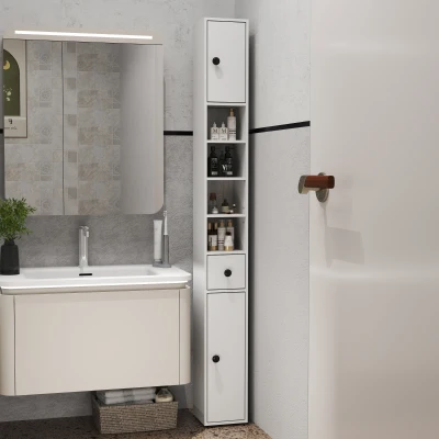 kleankin Coluna Casa de Banho Moderna com 1 Gaveta 5 Prateleiras Ajustáveis e 2 Armários 20x20x180 cm Branco