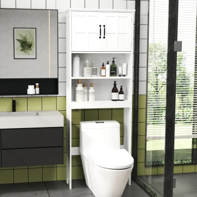 kleankin Móvel sobre Sanita Armário para Máquina de Lavar com 2 Portas Prateleiras Abertas e Ajustável 66x23x178 cm Branco