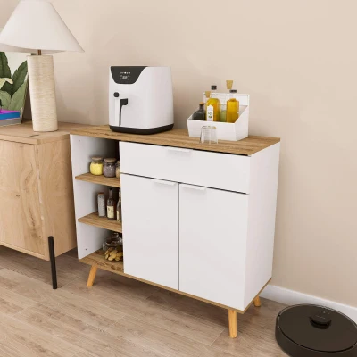 HOMCOM Aparador Sala de Estar com 1 Gaveta 2 Portas de Fechamento Suave e Prateleiras Ajustáveis 95x35x85 cm Branco e Madeira