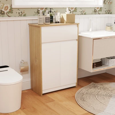 kleankin Móvel Auxiliar Casa de Banho com 1 Gaveta e 2 Portas Armário Casa de Banho de Estilo Moderno 60x30x90cm Branco e Madeira