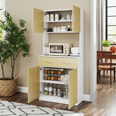 HOMCOM Armário de Cozinha com Gaveta 4 Portas e Prateleiras Interiores Ajustável em Altura Móvel 80x40x180 cm Madeira e Branco