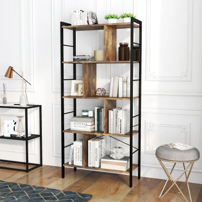 HOMCOM Estante para Livros de 4 Níveis com 8 Compartimentos de Armazenamento Estilo Industrial para Sala de Estar Escritório Dormitório 74x30x157,5cm Marrom Rústico