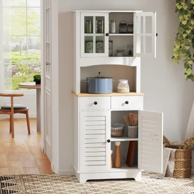 HOMCOM Armário de cozinha  Armário aparador com 2 portas  2 gavetas e prateleira aberta para microondas 68x39,5x170 cm branco