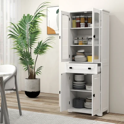 HOMCOM Armário de Cozinha com 4 Portas 1 Gaveta e 2 Prateleiras Ajustáveis para Sala de Jantar 60x30x160 cm Branco