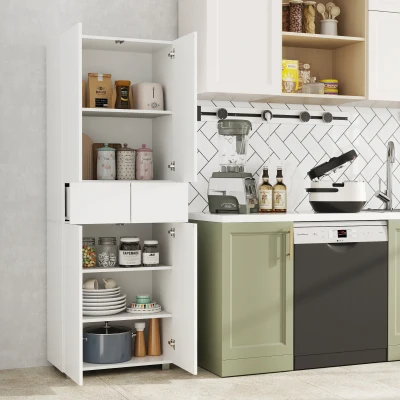 HOMCOM Armário de Cozinha Móvel Auxiliar de Cozinha com 4 Portas 2 Gavetas e Prateleiras Ajustáveis 60x35x170cm Branco