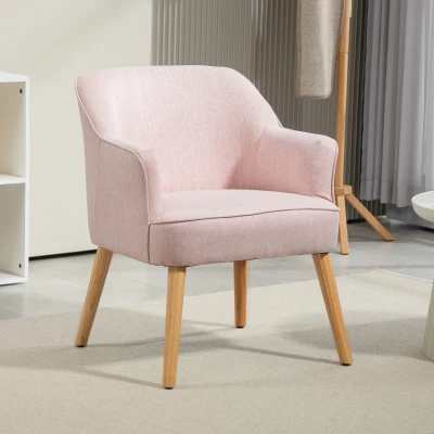 HOMCOM Poltrona Estilo Nórdico Estofada em Linho com Pés de Madeira para Dormitório Escritório Estúdio 64,5x65x79,5 cm Rosa