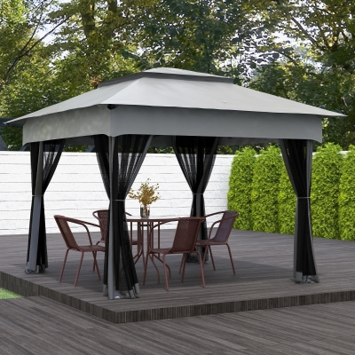 Outsunny Tenda Dobrável Exterior 325x325x270 cm Tenda de Jardim com Teto Duplo Rede Mosquiteira Amovível e Bolsa de Transporte Cinzento