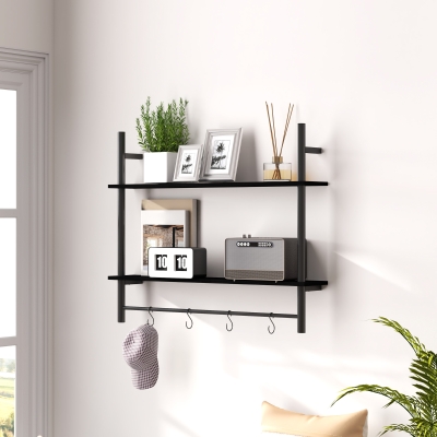 HOMCOM Estante de Parede de 2 Níveis Estante Suspensa com 4 Ganchos 2 Prateleiras e Estrutura de Metal 80x24x65 cm Preto