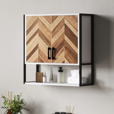 HOMCOM Armário de Parede para Casa de Banho com 2 Portas Prateleiras Ajustáveis e Prateleira Aberta 59x20x60 cm Branco e Madeira