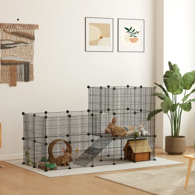 PawHut Gehege für Zwergkaninchen, 39-Paneel-Stall für kleine Haustiere, mit Rampe, für Kleintiere, Indoor, Schwarz