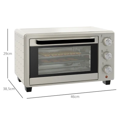 HOMCOM Minibackofen, Backofen kleine 21 L Toasterofen mit 1 Drahtgestell und 1 Backblech, 3 Kochmodi, 100 °C-230 °C, Edelstahl, Glas, Cremeweiß