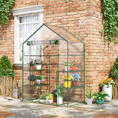 Outsunny foliekas inloop tuinhuis tomatenkas kas koudframe met 6 planken transparant staal PVC kunststof 142 x 73 x 195 cm
