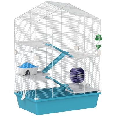 PawHut Jaula para Hámster de 5 Niveles con Plataformas Cuenco Bebedero Casita Rampas y Rueda de Ejercicio 58x36x81cm Azul Claro