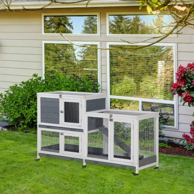 PawHut Indoor Wooden Hutch with Wheels 2 Levels Ramps