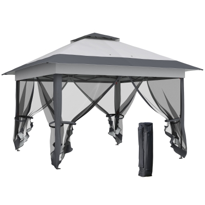 Outsunny Folding Pop-Up Garden Gazebo Marquee Steel Polyester Mosquito Nets + Transport Bag with Wheels Grey