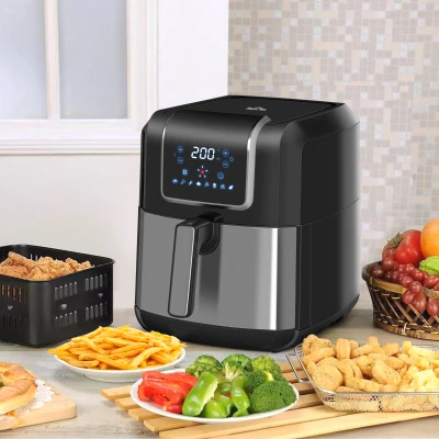 HOMCOM Fritadeira sem Óleo 6,5L 1700W Fritadeira de Ar Quente com 8 Programas Tela LED Tátil Temperatura Ajustável Temporizador e Cesta Antiaderente 36,5x29x33,8cm Preto