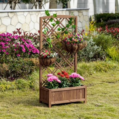 Outsunny Raised Garden Bed Planter Box with Trellis Wooden Trellis Planter Yellow 60 x 30 x 122.5 cm