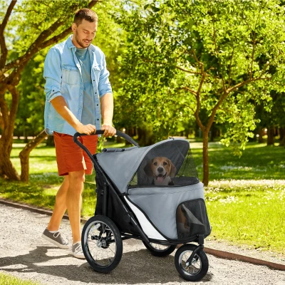 PawHut 3-Wheel Dog Stroller with Easy Fold, Storage Bag, Soft Cushion, Safety Leash, Grey