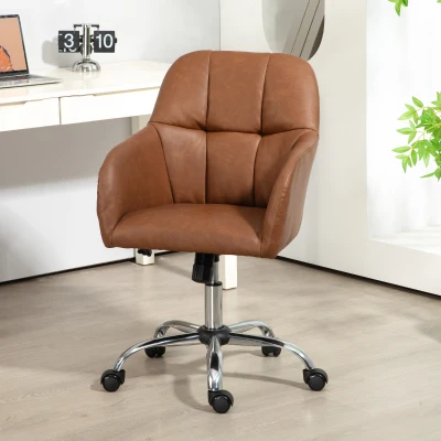 HOMCOM Swivel Office Chair with Wheels, Adjustable Height, Brown Synthetic Leather