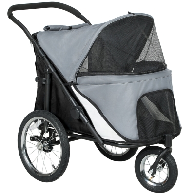 PawHut 3-Wheel Dog Stroller with Easy Fold, Storage Bag, Soft Cushion, Safety Leash, Grey