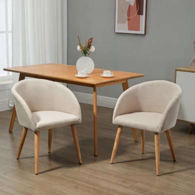 HOMCOM Set of 2 Scandinavian Design Dining Chairs Kitchen Chair - Tapered Slanted Rubber Wood Legs - Ergonomic Seat Backrest Armrests Linen-Look Beige