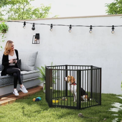 PawHut Puppyren, Hondenren, Puppy Omheining, 6 Panelen met Deur, Opvouwbaar en Draagbaar Hondenhek, Staal, Zwart
