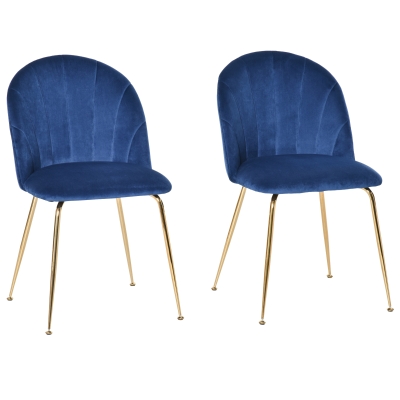 HOMCOM Set of 2 velvet seat dining chairs with golden metal legs - blue