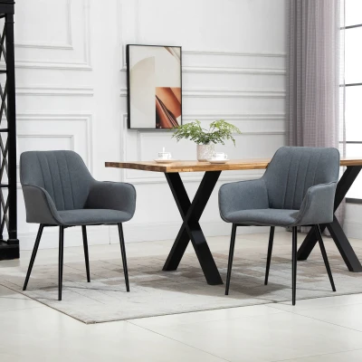 HOMCOM Mid-Century Dining Chairs Upholstered Linen Fabric Accent Chairs with Metal Legs, Set of 2, Dark Grey