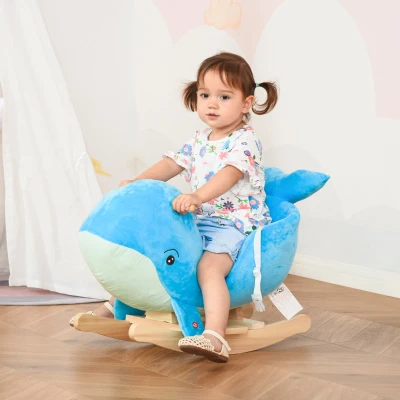 HOMCOM Baloiço com Forma de Baleia para Crianças de 18-36 Meses Baloiço de Pelúcia com Sons Cinto de Segurança e Apoio para os Pés 60x33x50 cm Azul