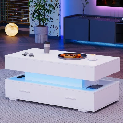 Hydraulic Lift Top Coffee Table with LED Lighting, White