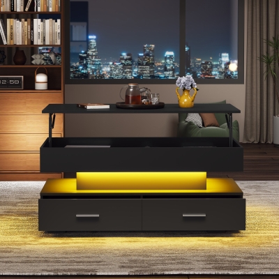 Hydraulic Lift Top Coffee Table with LED Lighting, Black