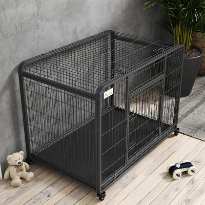 PawHut Gaiola de metal dobrável para cães com rodas e freios Bandeja removível e porta com travas  109,5x71x78 cm Cinza escuro