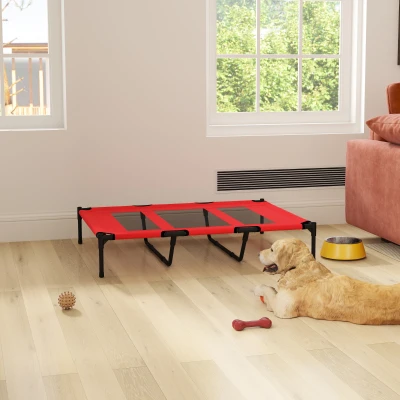 PawHut Cama para Animais de Estimação Cama Elevada para Cães Gatos com Tecido Transpirável para Dormir Relaxar Exterior Jardim Terraço 122x92x23cm Vermelho